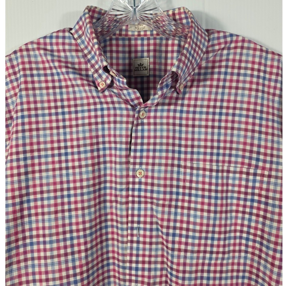 Peter Millar Mens Large Plaid Button Down Shirt Purple Blue White Cotton L Long - Picture 3 of 10